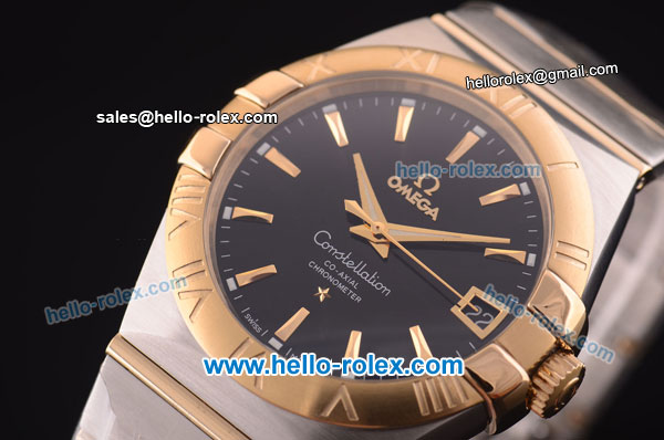 Omega Constellation Co-Axial Swiss ETA 2824 Automatic Steel Case with Yellow Gold Bezel and Yellow Gold Markers-Black Dial - Click Image to Close