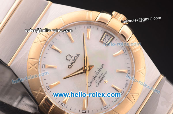 Omega Constellation Co-Axial Swiss ETA 2824 Automatic Steel Case with Yellow Gold Bezel and Yellow Gold Stick Markers-White MOP Dial - Click Image to Close