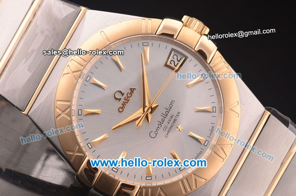 Omega Constellation Co-Axial Swiss ETA 2824 Automatic Steel Case with Yellow Gold Bezel and Yellow Gold Markers-Silver Dial - Click Image to Close