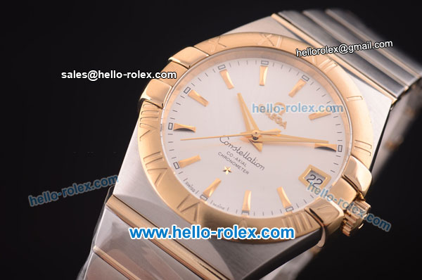 Omega Constellation Co-Axial Swiss ETA 2824 Automatic Steel Case with Yellow Gold Bezel and Yellow Gold Markers-Silver Dial - Click Image to Close