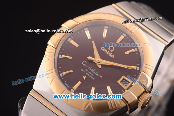 Omega Constellation Co-Axial Swiss ETA 2824 Automatic Steel Case with Yellow Gold Bezel and Yellow Gold Stick Markers-Brown Dial - Click Image to Close