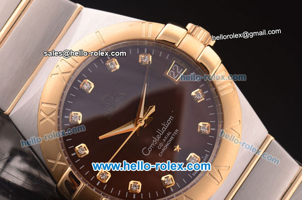 Omega Constellation Co-Axial Swiss ETA 2824 Automatic Steel Case with Yellow Gold Bezel and Diamond Markers-Brown Dial - Click Image to Close