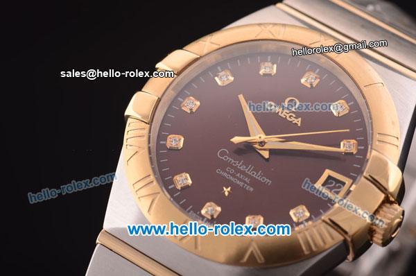 Omega Constellation Co-Axial Swiss ETA 2824 Automatic Steel Case with Yellow Gold Bezel and Diamond Markers-Brown Dial - Click Image to Close