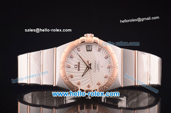 Omega Constellation Co-Axial Swiss ETA 2824 Automatic Steel Case with Rose Gold Bezel and Diamond Markers-White Stripy Dial - Click Image to Close