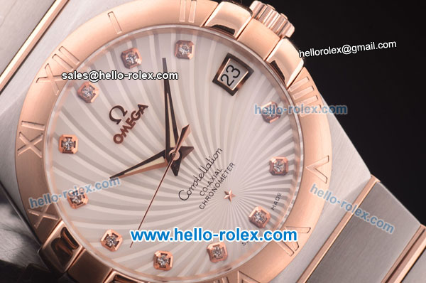 Omega Constellation Co-Axial Swiss ETA 2824 Automatic Steel Case with Rose Gold Bezel and Diamond Markers-White Stripy Dial - Click Image to Close