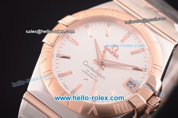 Omega Constellation Co-Axial Swiss ETA 2824 Automatic Steel Case with Rose Gold Bezel and Rose Gold Markers- Silver Dial - Click Image to Close