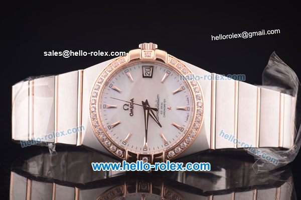 Omega Constellation Co-Axial Swiss ETA 2824 Automatic Steel Case with Rose Gold/Diamond Bezel and White MOP Dial-Rose Gold Stick Markers - Click Image to Close