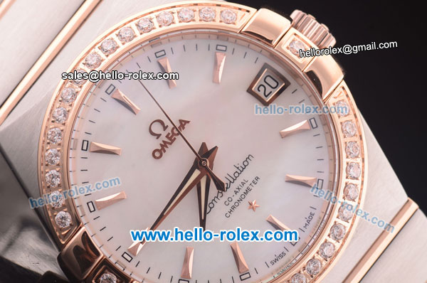 Omega Constellation Co-Axial Swiss ETA 2824 Automatic Steel Case with Rose Gold/Diamond Bezel and White MOP Dial-Rose Gold Stick Markers - Click Image to Close