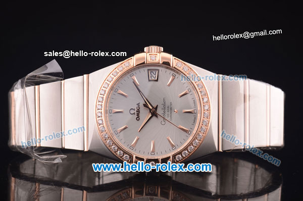 Omega Constellation Co-Axial Swiss ETA 2824 Automatic Steel Case with Rose Gold/Diamond Bezel and Silver Dial-Rose Gold Stick Markers - Click Image to Close