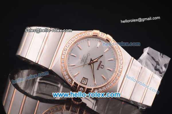 Omega Constellation Co-Axial Swiss ETA 2824 Automatic Steel Case with Rose Gold/Diamond Bezel and Silver Dial-Rose Gold Stick Markers - Click Image to Close