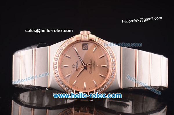 Omega Constellation Co-Axial Swiss ETA 2824 Automatic Steel Case with Rose Gold/Diamond Bezel and Rose Gold Dial-Rose Gold Stick Markers - Click Image to Close