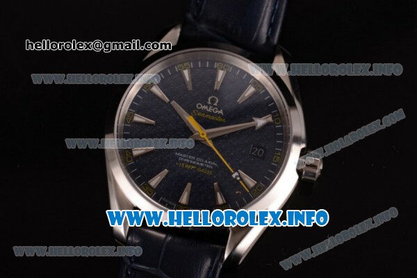 Omega Aqua Terra 150 M Master Co-Axial Clone 8500 Automatic Steel Case with Black Dial Stick Markers and Blue Leather Strap (EF) - Click Image to Close
