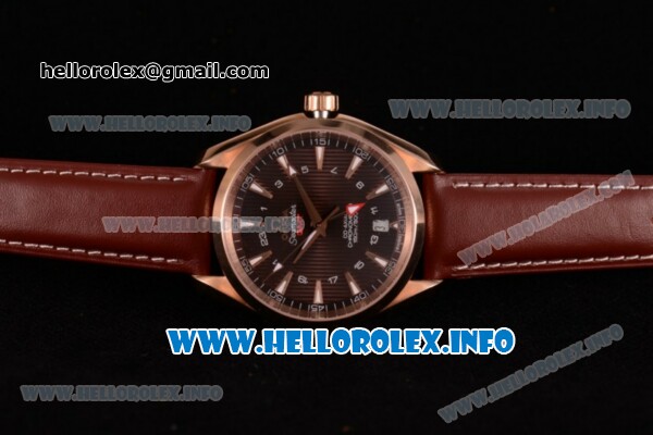 Omega Aqua Terra 150 M GMT Clone Omega 8615 Automatic Rose Gold Case with Brown Dial Stick Markers and Brown Leather Strap (EF) - Click Image to Close