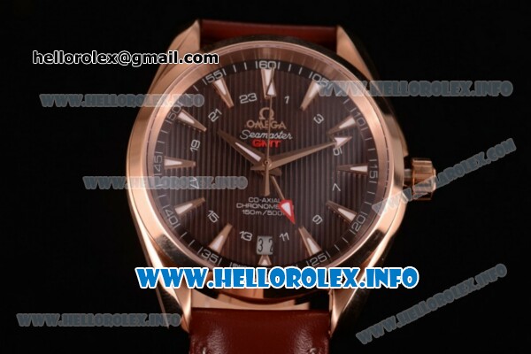 Omega Aqua Terra 150 M GMT Clone Omega 8615 Automatic Rose Gold Case with Brown Dial Stick Markers and Brown Leather Strap (EF) - Click Image to Close