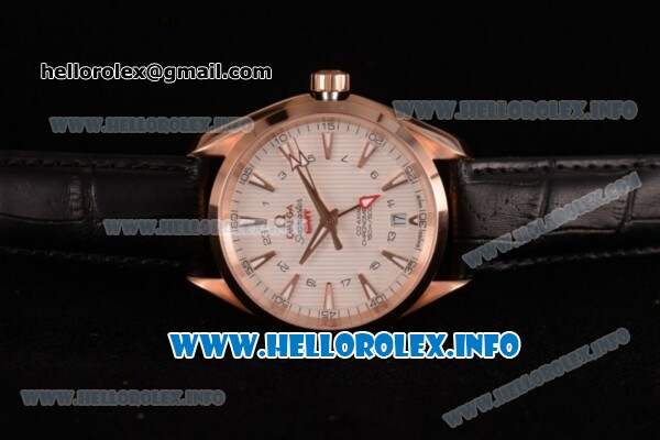 Omega Aqua Terra 150 M GMT Clone Omega 8615 Automatic Rose Gold Case with White Dial Stick Markers and Black Leather Strap (EF) - Click Image to Close