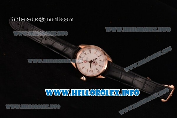 Omega Aqua Terra 150 M GMT Clone Omega 8615 Automatic Rose Gold Case with White Dial Stick Markers and Black Leather Strap (EF) - Click Image to Close