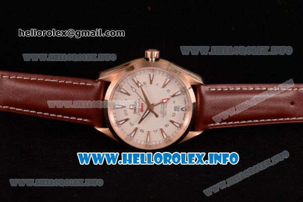 Omega Aqua Terra 150 M GMT Clone Omega 8615 Automatic Rose Gold Case with White Dial Stick Markers and Brown Leather Strap (EF) - Click Image to Close