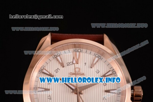 Omega Aqua Terra 150 M GMT Clone Omega 8615 Automatic Rose Gold Case with White Dial Stick Markers and Brown Leather Strap (EF) - Click Image to Close