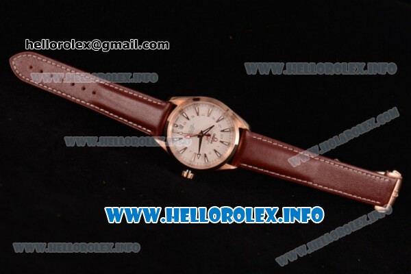 Omega Aqua Terra 150 M GMT Clone Omega 8615 Automatic Rose Gold Case with White Dial Stick Markers and Brown Leather Strap (EF) - Click Image to Close