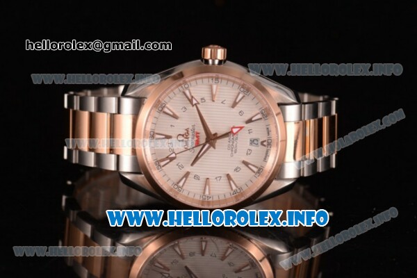 Omega Aqua Terra 150 M GMT Clone Omega 8615 Automatic Rose Gold Case with White Dial Stick Markers and Two Tone Bracelet (EF) - Click Image to Close