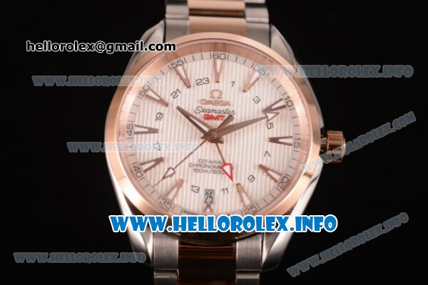 Omega Aqua Terra 150 M GMT Clone Omega 8615 Automatic Rose Gold Case with White Dial Stick Markers and Two Tone Bracelet (EF) - Click Image to Close