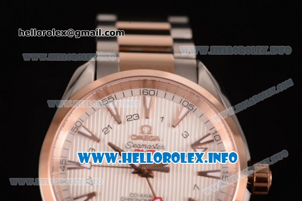 Omega Aqua Terra 150 M GMT Clone Omega 8615 Automatic Rose Gold Case with White Dial Stick Markers and Two Tone Bracelet (EF) - Click Image to Close