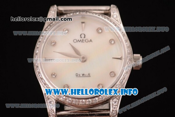 Omega De Ville Prestige Miyota Quartz Stainless Steel Case/Bracelet with White MOP Dial Diamonds Markers - Click Image to Close