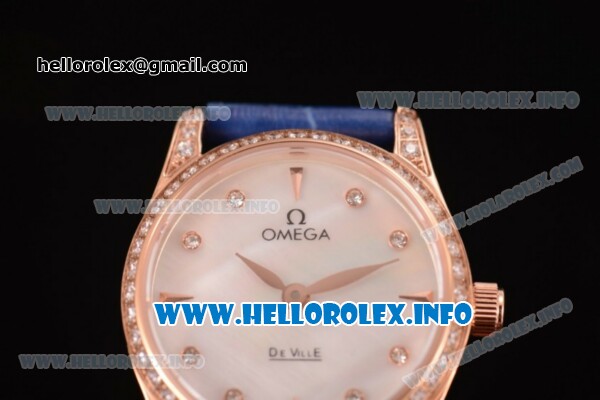 Omega De Ville Prestige Miyota Quartz Rose Gold Case with White MOP Dial Diamonds Bezel and Blue Leather Strap - Click Image to Close