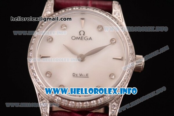 Omega De Ville Prestige Miyota Quartz Steel Case with White MOP Dial Diamonds Bezel and Wine Leather Strap - Click Image to Close