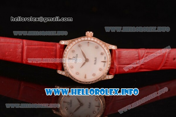 Omega De Ville Prestige Miyota Quartz Rose Gold Case with White MOP Dial Diamonds Bezel and Red Leather Strap - Click Image to Close