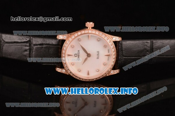 Omega De Ville Prestige Miyota Quartz Rose Gold Case with White MOP Dial Diamonds Bezel and Black Leather Strap - Click Image to Close