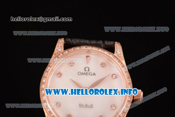 Omega De Ville Prestige Miyota Quartz Rose Gold Case with White MOP Dial Diamonds Bezel and Black Leather Strap - Click Image to Close