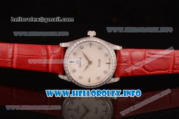 Omega De Ville Prestige Miyota Quartz Steel Case with White MOP Dial Diamonds Bezel and Red Leather Strap - Click Image to Close