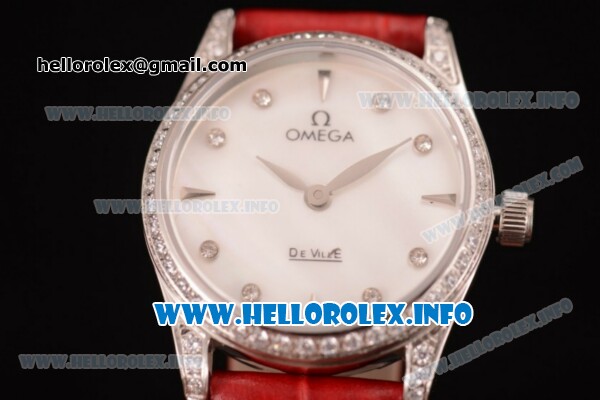 Omega De Ville Prestige Miyota Quartz Steel Case with White MOP Dial Diamonds Bezel and Red Leather Strap - Click Image to Close