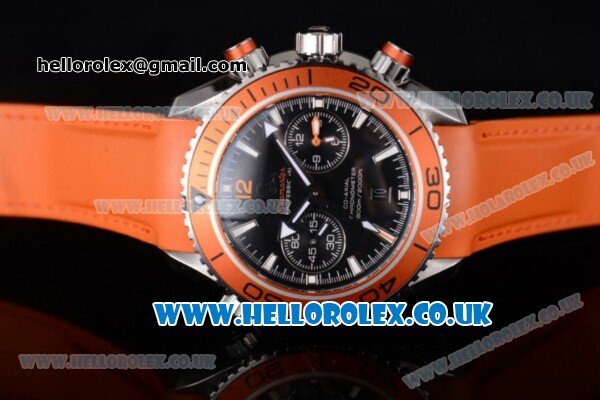 Omega Seamaster Planet Ocean 600M Co-Axial Chronograph Clone Omega 9300 Automatic Steel Case with Black Dial Stick Markers and Orange Rubber Strap (EF) - Click Image to Close