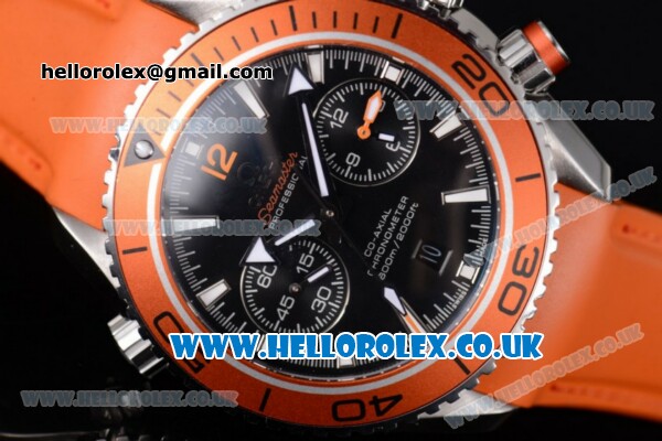 Omega Seamaster Planet Ocean 600M Co-Axial Chronograph Clone Omega 9300 Automatic Steel Case with Black Dial Stick Markers and Orange Rubber Strap (EF) - Click Image to Close