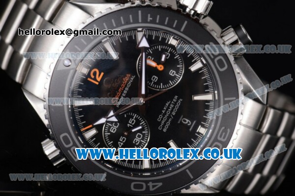 Omega Seamaster Planet Ocean 600M Co-Axial Chronograph Clone Omega 9300 Automatic Stainless Steel Case/Bracelet with Black Dial and Stick Markers (EF) - Click Image to Close