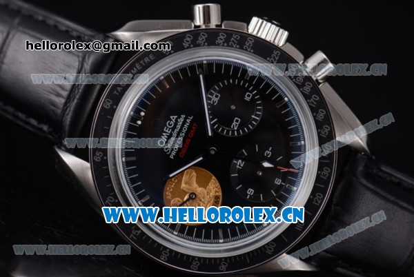 Omega Speedmaster Apollo 11 40th Anniversary Venus 7750 Manual Winding Steel Case with Black Dial Stick Markers and Black Leather Strap (EF) - Click Image to Close