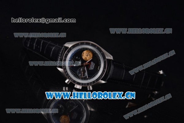 Omega Speedmaster Apollo 11 40th Anniversary Venus 7750 Manual Winding Steel Case with Black Dial Stick Markers and Black Leather Strap (EF) - Click Image to Close
