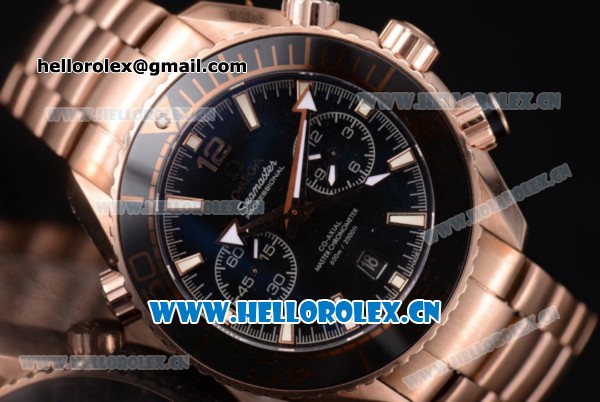 Omega Seamaster Planet Ocean 600M Co-Axial Chrono Clone Omega 9301 Automatic Rose Gold Case/Bracelet with Black Dial and Stick Markers (EF) - Click Image to Close