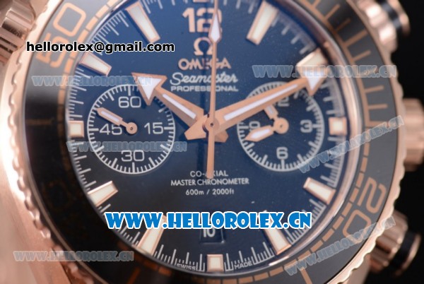 Omega Seamaster Planet Ocean 600M Co-Axial Chrono Clone Omega 9301 Automatic Rose Gold Case/Bracelet with Black Dial and Stick Markers (EF) - Click Image to Close