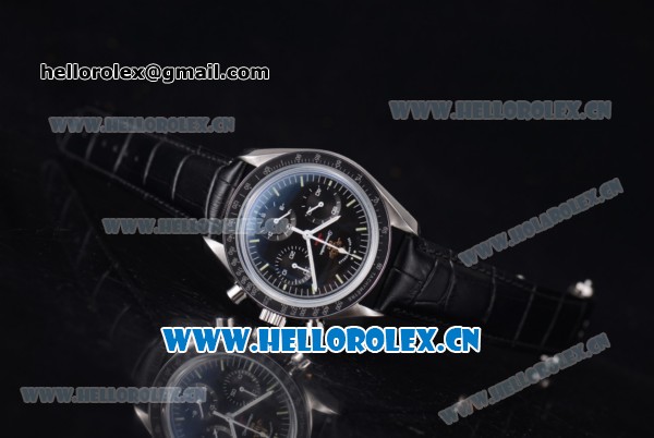 Omega Speedmaster Moonwatch 50th Anniversary Special Edition Copy Venus 75 Manual Winding Steel Case with Black Dial Stick Markers and Black Leather Strap (EF) - Click Image to Close