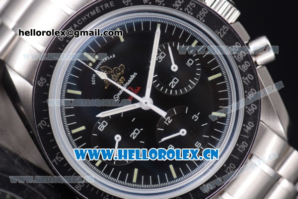 Omega Speedmaster Moonwatch 50th Anniversary Special Edition Copy Venus 75 Manual Winding Stainless Steel Case/Bracelet with Black Dial and Stick Markers (EF) - Click Image to Close