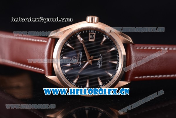 Omega Seamaster Aqua Terra 150 M Co-Axial Clone 8500 Automatic Rose Gold Case with Stick Markers Black Dial and Brown Leather Strap (EF) - Click Image to Close