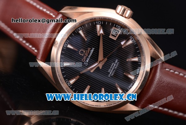 Omega Seamaster Aqua Terra 150 M Co-Axial Clone 8500 Automatic Rose Gold Case with Stick Markers Black Dial and Brown Leather Strap (EF) - Click Image to Close