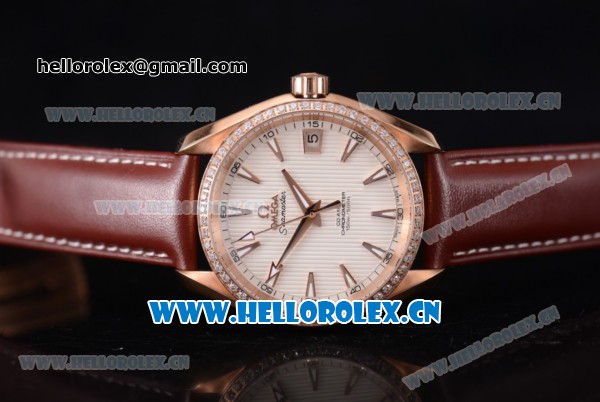 Omega Seamaster Aqua Terra 150 M Co-Axial Clone 8500 Automatic Rose Gold Case with White Dial Diamonds Bezel and Brown Leather Strap (EF) - Click Image to Close