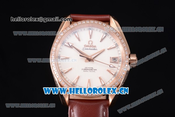 Omega Seamaster Aqua Terra 150 M Co-Axial Clone 8500 Automatic Rose Gold Case with White Dial Diamonds Bezel and Brown Leather Strap (EF) - Click Image to Close