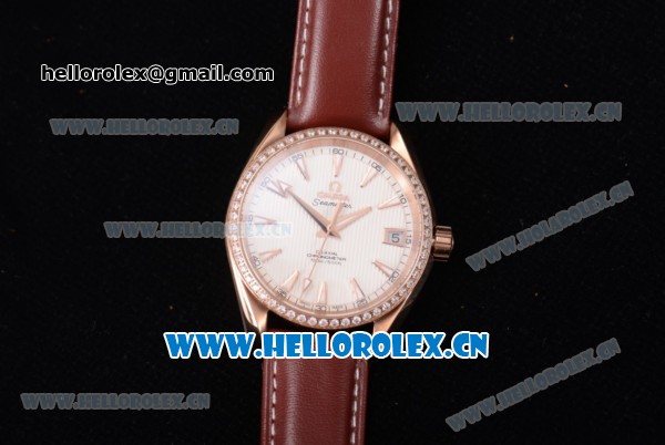 Omega Seamaster Aqua Terra 150 M Co-Axial Clone 8500 Automatic Rose Gold Case with White Dial Diamonds Bezel and Brown Leather Strap (EF) - Click Image to Close