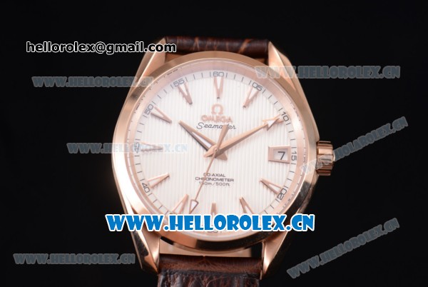 Omega Seamaster Aqua Terra 150 M Co-Axial Clone 8500 Automatic Rose Gold Case with White Dial Stick Markers and Brown Leather Strap (EF) - Click Image to Close