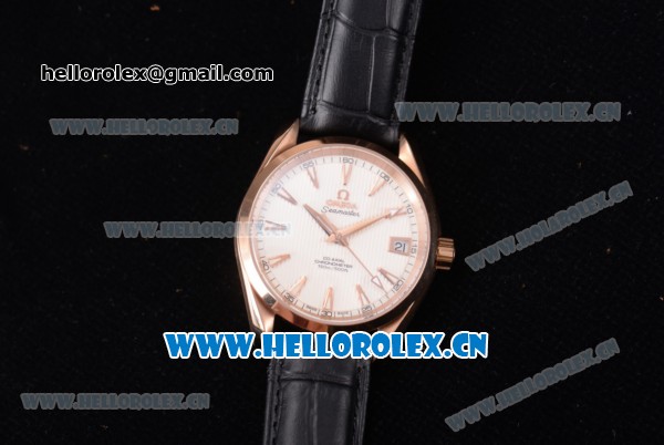 Omega Seamaster Aqua Terra 150 M Co-Axial Clone 8500 Automatic Rose Gold Case with White Dial Stick Markers and Black Leather Strap (EF) - Click Image to Close